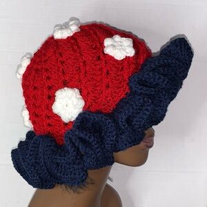 Vibrant colors of red white blue with flowers   HANDMADE Crochet Ruffle  HAT